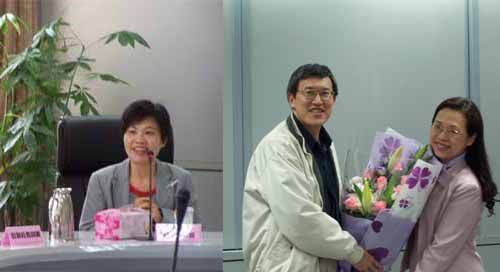 （左）新任人事室主任黃韻如。（右）卸任譚潔芝主任於歡送會上，接受李中一處長之獻花。
