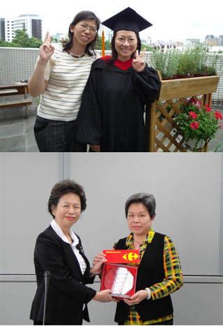 青芬與研究生合影；（下）月梅：感謝大家。