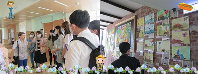 院長講解院內的照護內容、院內住民藝術活動展示牆（竹林養護院）