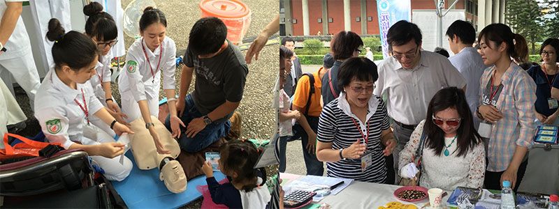 (左)「護理系」心外急救按摩體驗        (右)技職司 馬司長參與老人體驗活動