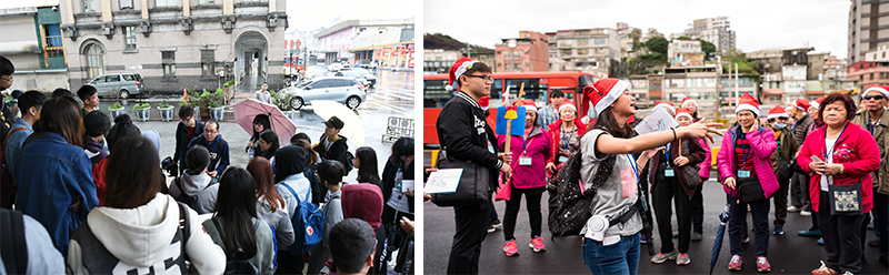 陳冠仰教師帶領學生前往活動進行場地演練(左圖)、學生親自進行帶領銀髮族導覽解說服務(右圖)