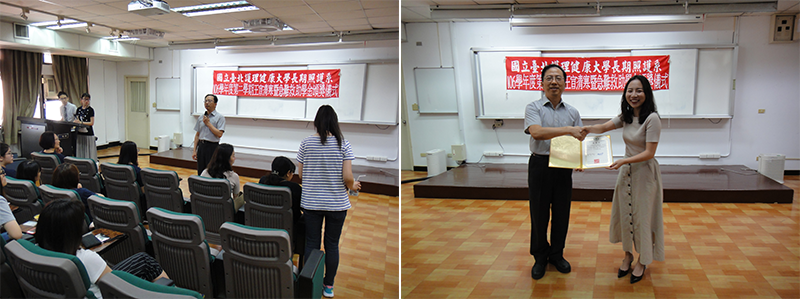 (左)長期照護系張主任感謝王宣家屬嘉惠本校長照系莘莘學子；(右)張主任頒贈感謝狀予王宣姊姊