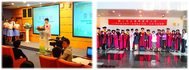 臺北榮民總醫院護理部傅主任致詞(左)；師長與貴賓合照(右)