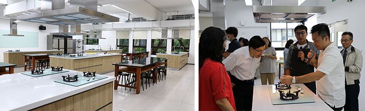 多功能營養膳食示範教室空間設施(含流理台)(左)；設施操作示範(右)