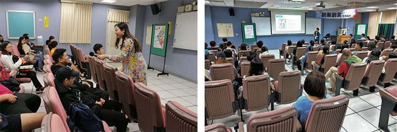 新活藝術康思云執行長訪問同學(左)；老玩客廖健妤執行長講座實況(右)